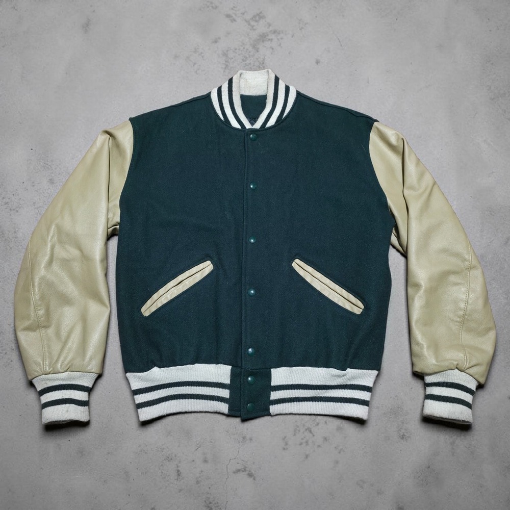 DeLONG Varsity Bomber Jacket Mens Medium Dark Green Beige Blank USA Made Wool